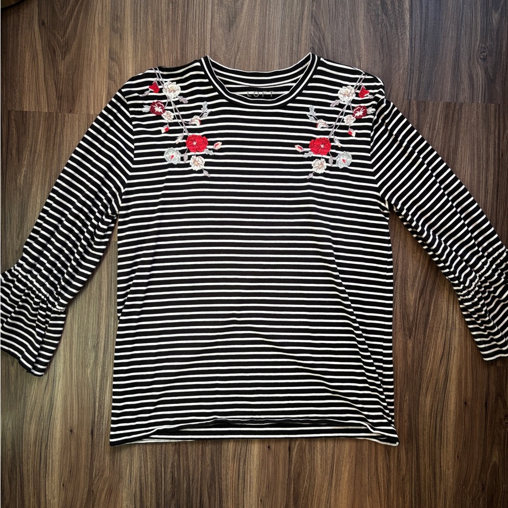 LOFT Striped Embroidered Top Size Large